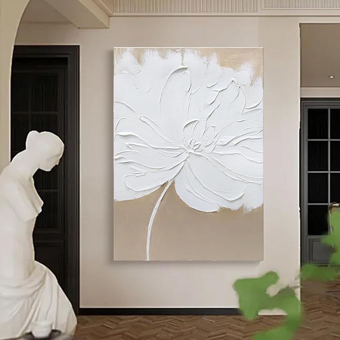 Artaanchuil Hand Painted White Flower Texture Wall Art - 28x40 Inch Beige Canvas Abstract Oil Painting Vertical Modern Artwork for Living Room Wall Decoration