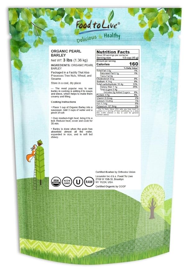 Food to Live Organic Pearl Barley, 3 Pounds ??Non-GMO, Polished Unhulled Barley, Kosher, Vegan, Bulk. Cooks Faster than Hulled Barley. Rich in Fiber, Selenium. Great for Hot Cereal, Salads, Stews