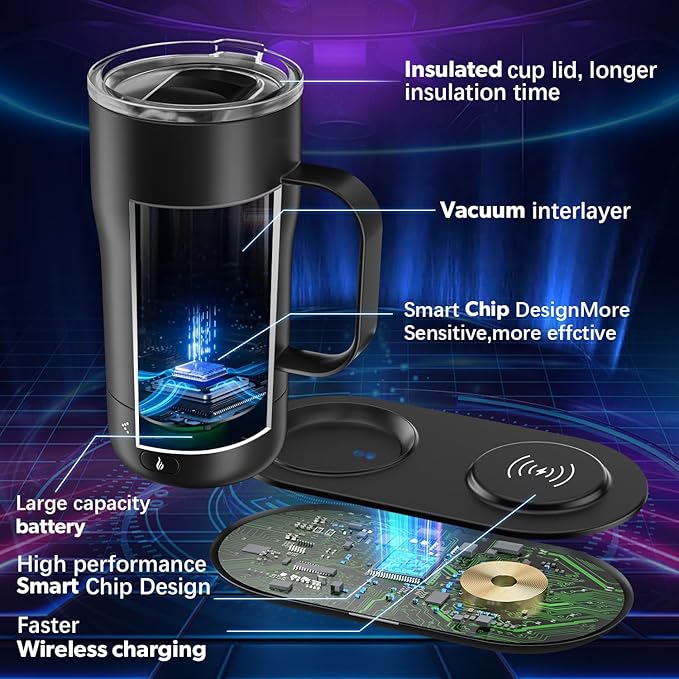 Smart Self Heating Coffee Mug 18 Oz Temperature Control Heated Coffee Mug App Controlled Warmer Mug 5-10 Hour LED Display Keep Coffee Hot All Day Fast Wireless Charger Base Iron Black