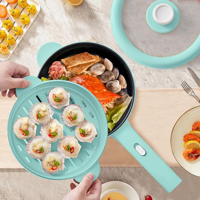 Dezin Electric Cooker, 2L Non-Stick Saut챕 Pan, Rapid Noodles Cooker, Mini Pot for Steak, Egg, Fried Rice, Ramen, Oatmeal, Soup with Power Adjustment, College Dorm Room Essential
