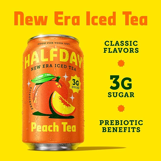 HALFDAY Prebiotic Peach Iced Tea Cans, Supports Digestive & Gut Health, 6g Plant Fiber & Prebiotics, 3g of Sugar, 35 Calories, Real Brewed Tea, Natural Caffeine, Gluten Free, Keto, 12 fl oz (12 pack)
