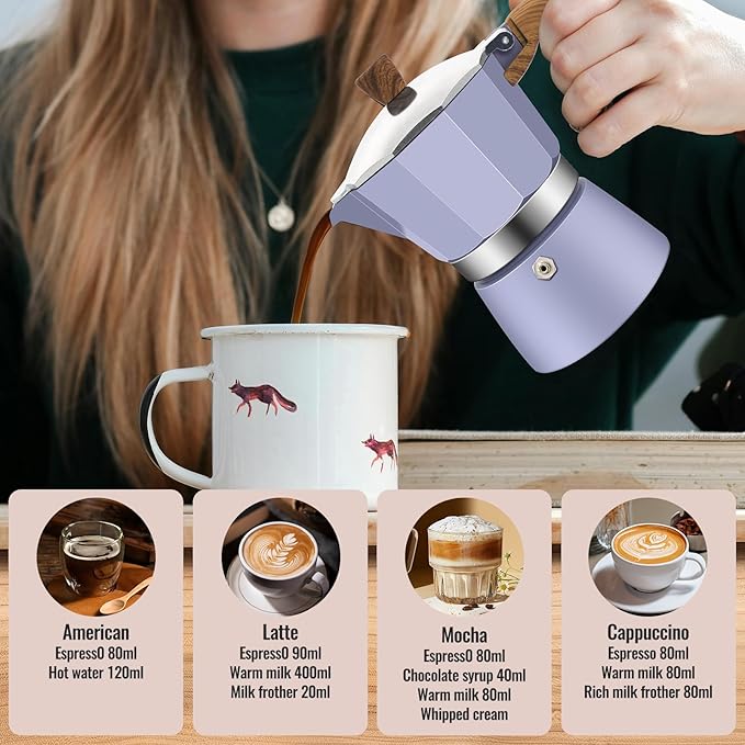3 Cup Aluminum Moka Pot Purple Classic Stovetop Espresso Coffee Maker 150ml 5oz Coffeemaker Percolator Mocha Pot Greca Coffee Maker Cafe Makers for Italian and Cuban Cafì±?Brewing Purple