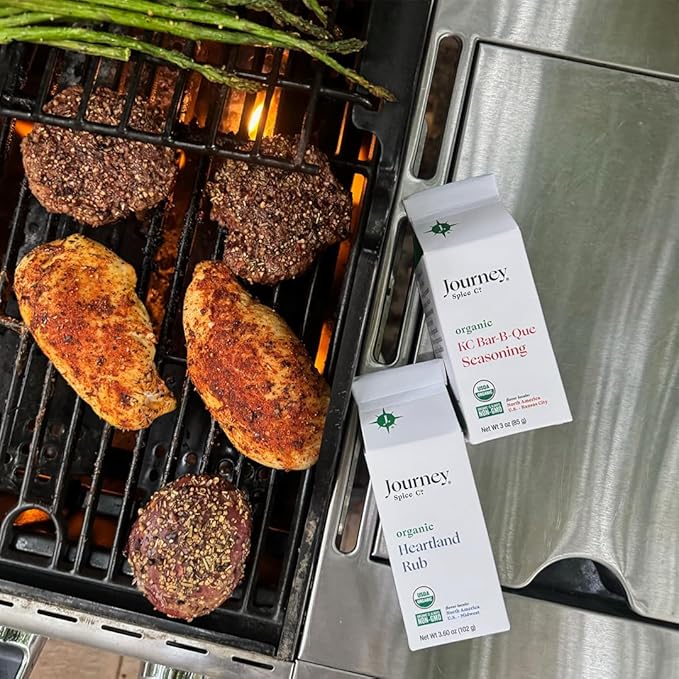 Organic KC Bar-B-Que Seasoning by Journey Spice Co. | Gourmet Kansas City BBQ All-Purpose Rub for Chicken, Poultry, Pork, Meat, Veggies | Salt-Free, Sugar-Free, Non-GMO, MSG-Free | Low-Carb, Keto, Low-Glycemic | 3 oz. | Resealable/Reusable Cap