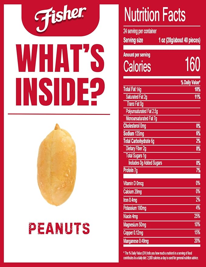 Fisher Oven Roasted Never Fried Peanuts, 24 Ounces (Pack of 6), Snacks for Adults, Made With Sea Salt, No Added Oils, Artificial Ingredients or Preservatives, Gluten Free, Vegan Protein, Bulk