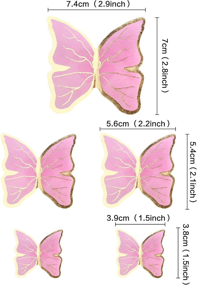 30pcs Pink Gold Edge Mixed Size Lively 3D Waterproof Butterfly Cupcake Topper for Girls Women's Happy Birthday Wedding Party Cake Wall Party Food Decorations