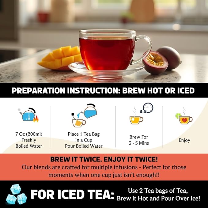 BREWIX, Mango Passion Fruit Herbal Tea Bags ??25 Plant-Based Pyramid Bags | Iced or Hot | Hibiscus, Citrus Peel, Lemongrass | Caffeine-Free & Naturally Uplifting Wellness Brew