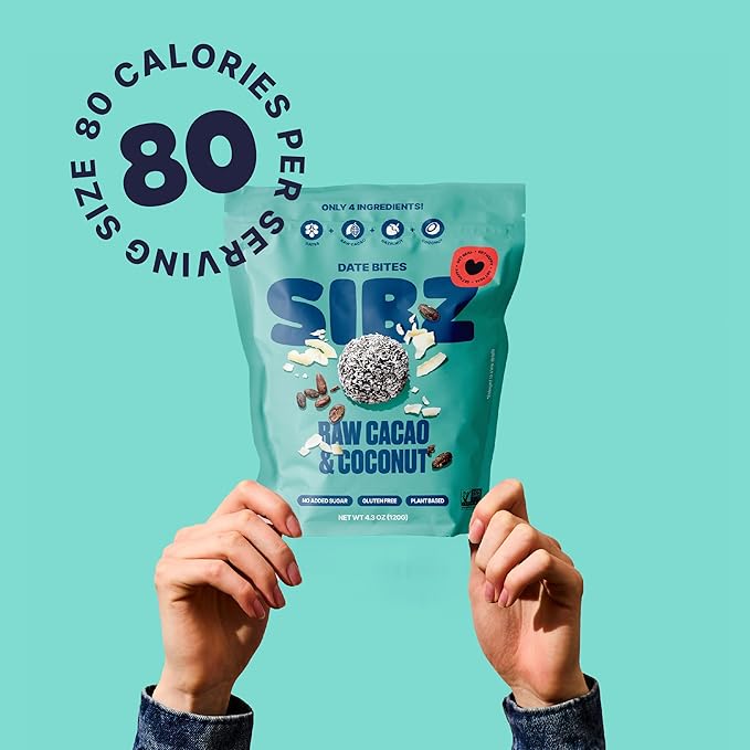 SIBZ Date Bites Raw Cacao & Coconut - All Natural, Gluten Free, Non GMO, Plant Based, No Added Sugar (2.1oz, Pack of 8)