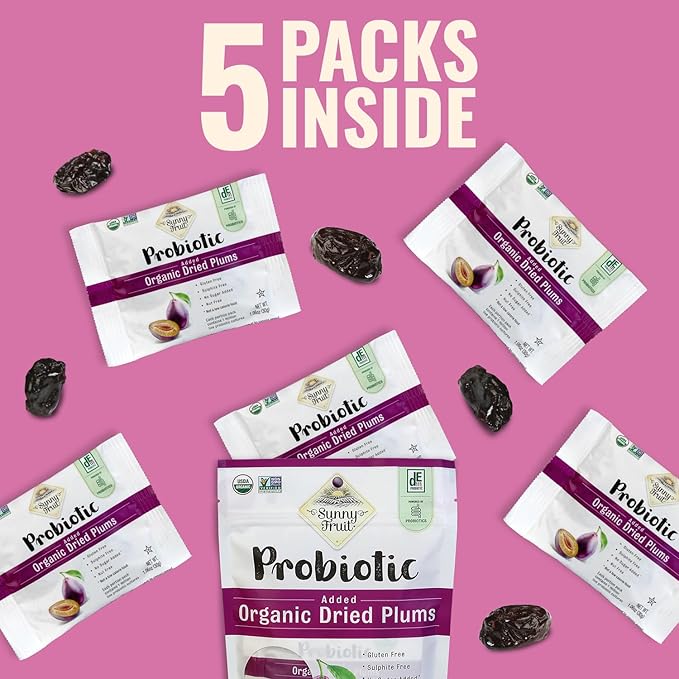 Sunny Fruit Organic Probiotic Pitted Prunes - 6 Bags (30 Individual Portion Packs) | No Preservatives, No Sugar Added | Dried Plums Snack Packs with Live Probiotics | ORGANIC, NON-GMO, KOSHER, HALAL
