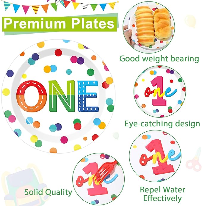 96pcs Rainbow 1st Birthday Plates and Napkins Confetti Happy Birthday Party Decorations with Polka Dot Confetti Dessert Plates Colorful 1st Tableware for 24 Guests 1 Year Old Party Supplies
