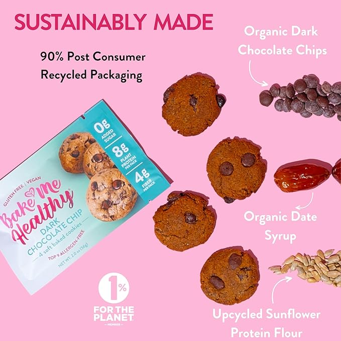 Bake Me Healthy Gluten-Free Cookies - Dark Chocolate Chip Cookies, 10 Snack Packs - Peanut Free, Gluten Free, Egg Free, Dairy Free, Top 9 Allergen-Friendly