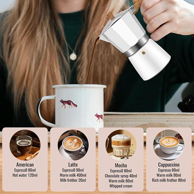 3 Cup Aluminum Moka Pot Classic Stovetop Espresso Coffee Maker 150ml 5oz Coffeemaker Percolator Mocha Express Preferred Cafe Makers for Italian and Cuban Cafì±?Brewing White