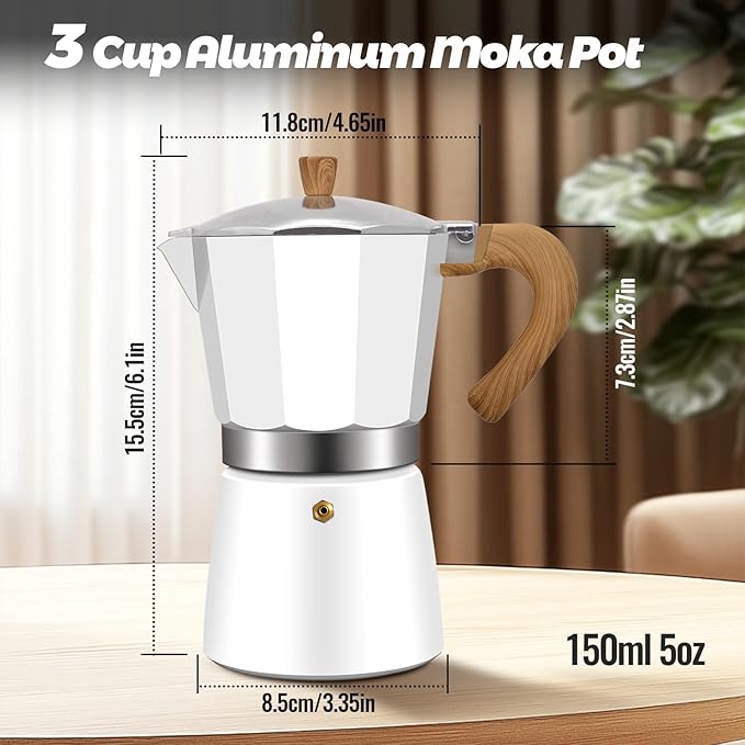 3 Cup Aluminum Moka Pot Classic Stovetop Espresso Coffee Maker 150ml 5oz Coffeemaker Percolator Mocha Express Preferred Cafe Makers for Italian and Cuban Cafì±?Brewing White
