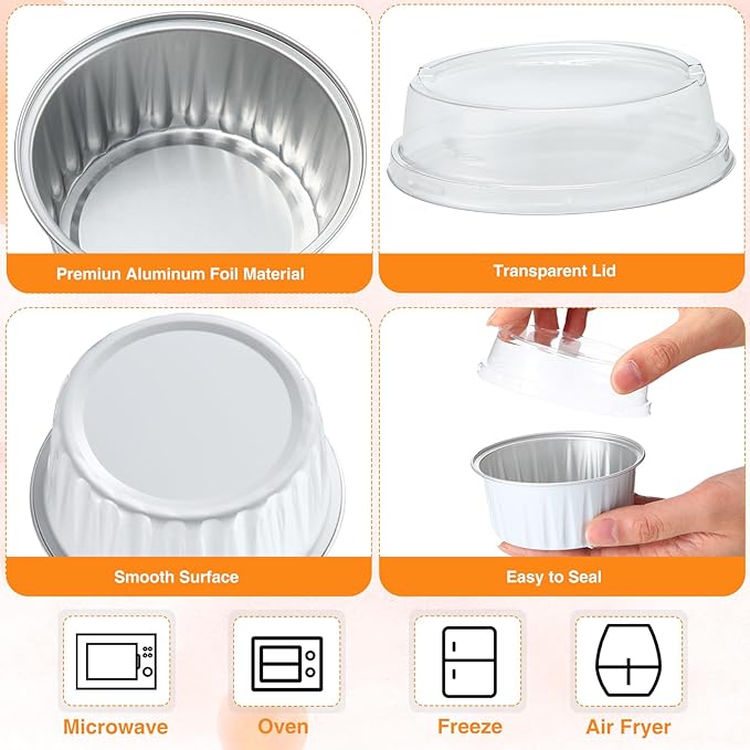 Gejoy 400 Pcs Aluminum Foil Baking Cups with Lids 5 oz Disposable Ramekins Mini Cake Pans Creme Brulee Cupcake Liners Muffin Tins Flan Mold Dessert Container for Wedding(White,Classic)
