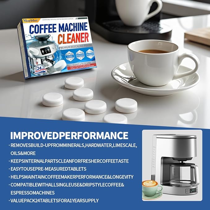Coffee Machine Cleaner Descaler Tablets - 24 Count Coffee Maker Cleaner Tablets Deep Cleaning and Descaling Compatible With Nespresso, Keurig, Ninja, Delonghi, Miele,Breville