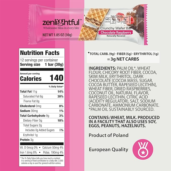 Zenlightful Chocolate Raspberry Wafer Cookies, Low Carb, Low Sugar, Keto Friendly Healthy Snacks, Only 140 Calories, Real Fruit, High Fiber, 12 Count