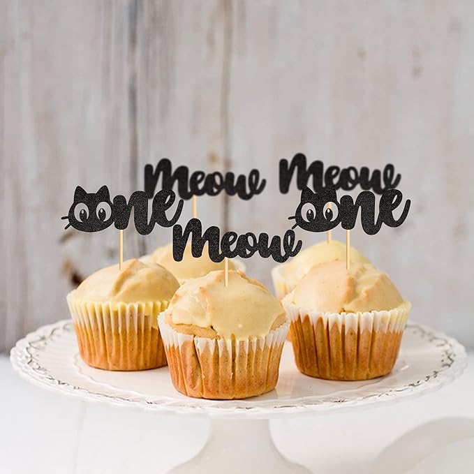 24Pcs Cat One Cupcake Toppers Black Glitter Meow Kitten First Birthday Cupcake Picks for Cat Lover Kitten Theme Baby Shower Kids 1st Birthday Wedding Party Supplies