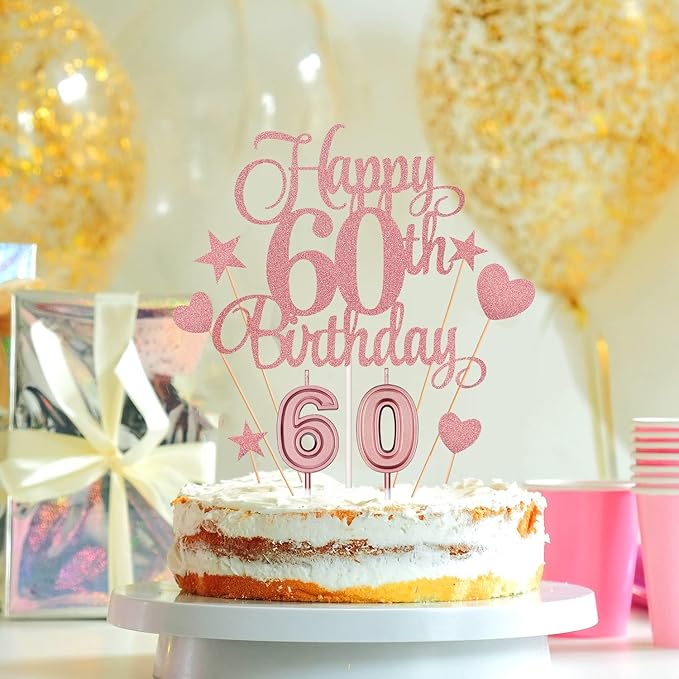 60th Birthday Cake Decorations Set Include 60th Birthday Candles Numeral 60 Cake Candles and Happy 60th Birthday Cake Toppers with Heart Star Cupcake Picks for Birthday Party (Rose Gold Series)
