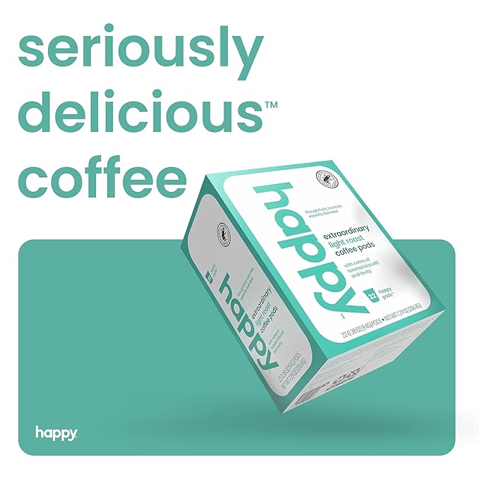 happy coffee light roast coffee pods, 22 count, notes of toasted biscotti and levity, compatible with most K-cup brewers, rainforest alliance certified