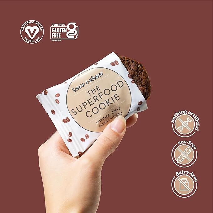 Love + Chew, Mocha Chip Minis - 18 Count - Tasty Gluten Free Cookies - Vegan - Healthy, Paleo, Non GMO Snacks - Individually Wrapped, Soft Baked Cookies - Made from High Protein Almonds - 1 Ounce Each
