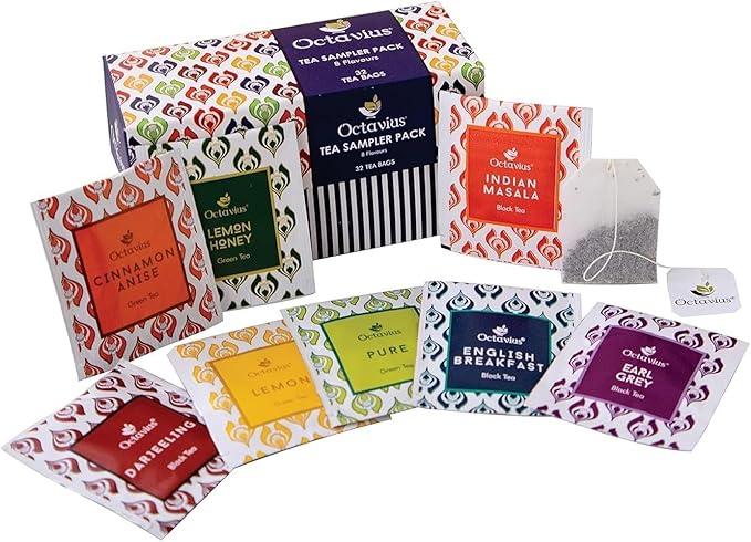 Octavius Assorted Tea Sampler ??32 Teabags | Pack of 2 | 8 Flavors of Premium Black & Green Tea | Variety Pack for Gifting & Daily Enjoyment