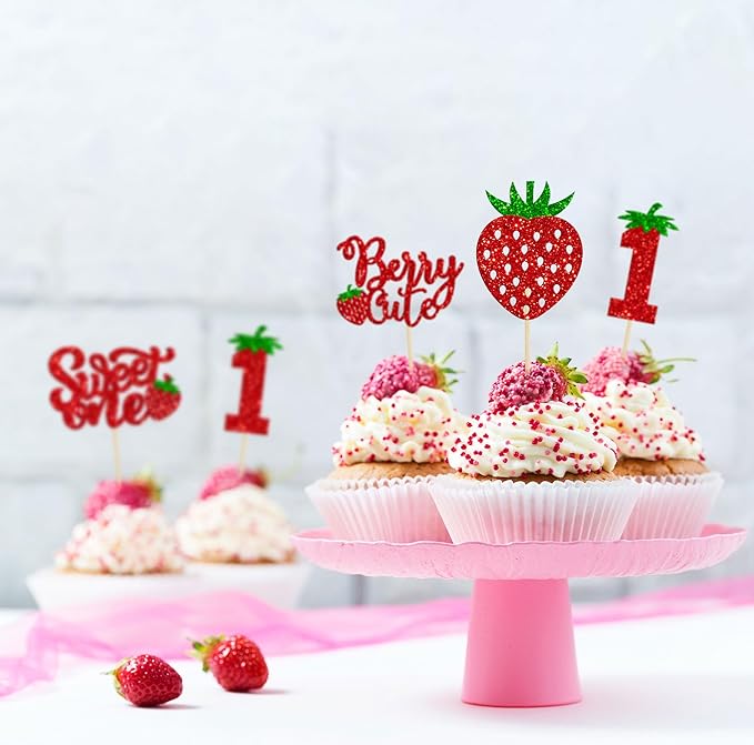 24Pcs Sweet One Cupcake Toppers Glitter First Birthday Strawberry Cupcake Picks for Fruit Baby Shower 1st Birthday Berry Sweet Cupcake Decorations Party Supplies Red