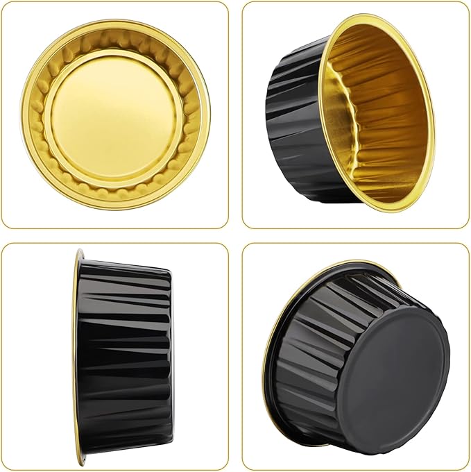 EUSOAR Disposable Creme Brulee Ramekins, 60pcs 5oz Cupcake Liners with Lids Aluminum Foil Baking Dessert Cups Holders, Mini Muffin Ramekins Cheesecake Pan for Catering Wedding Party Favor-Black Gold