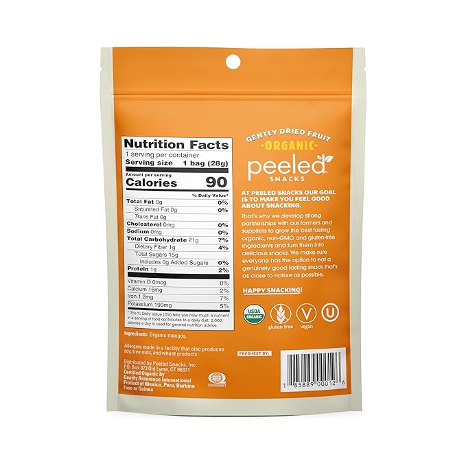 Peeled Snacks Organic Dried Fruit ??Healthy, Vegan Snacks for On-the-Go Lunch and More Mango 1 Oz (Pack of 24)