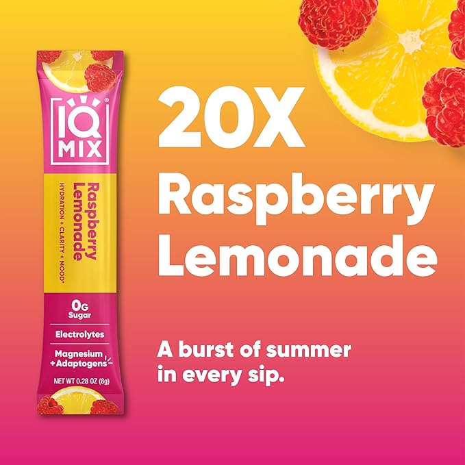IQMIX Hydration Electrolyte Powder ??4-in-1 Formula for Hydration, Mental Clarity, Mood and Recovery ??Sugar-Free Drink Mix, Keto, Magnesium L-Threonate, Lion?™s Mane ??20 Count New Raspberry Lemonade