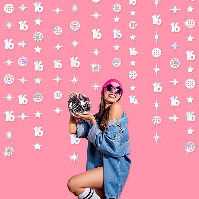 Iridescent 16th Disco Birthday Decorations Laser Number 16 Disco Ball Twinkle Star Garland Metallic Banner Backdrop for Girls Boys Happy 16th Birthday Sweet Sixteen Cheers to 16 Years Party Decor