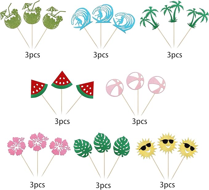 24 Pack Summer Beach Cupcake Toppers Sun Umbrella Ball Watermelon Water Gun Slippers Cupcake Picks Hawaiian Pool Theme Baby Shower Birthday Party Cupcake Decoration Supplies