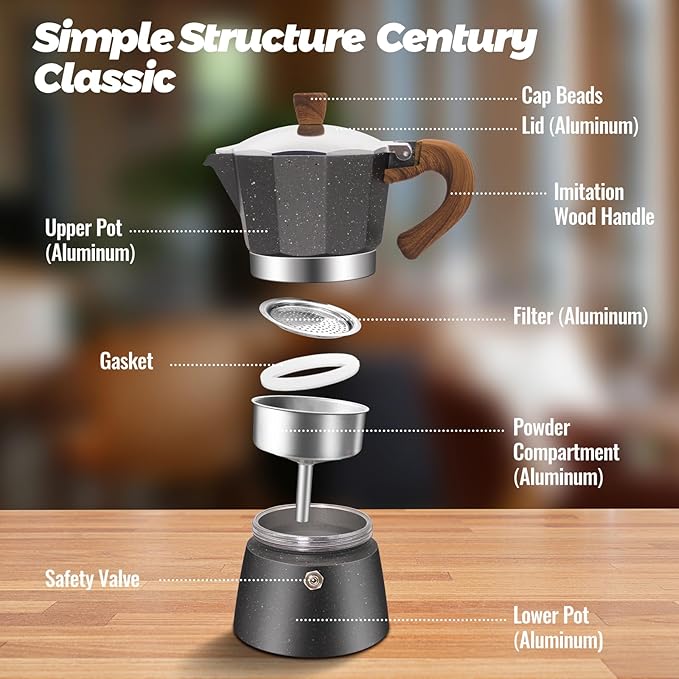 3 Cup Aluminum Moka Pot Classic Stovetop Espresso Coffee Maker 150ml 5oz Coffeemaker Percolator Mocha Pot Greca Coffee Maker Cafe Makers for Italian and Cuban Cafì±?Brewing Gray