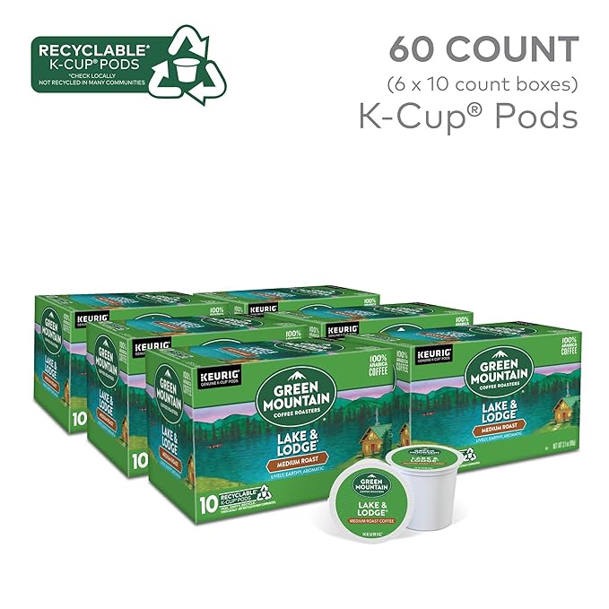 Green Mountain Coffee Roasters Lake and Lodge Blend Keurig Single-Serve K-Cup pods, Dark Roast Coffee, 60 Count (6 Packs of 10)