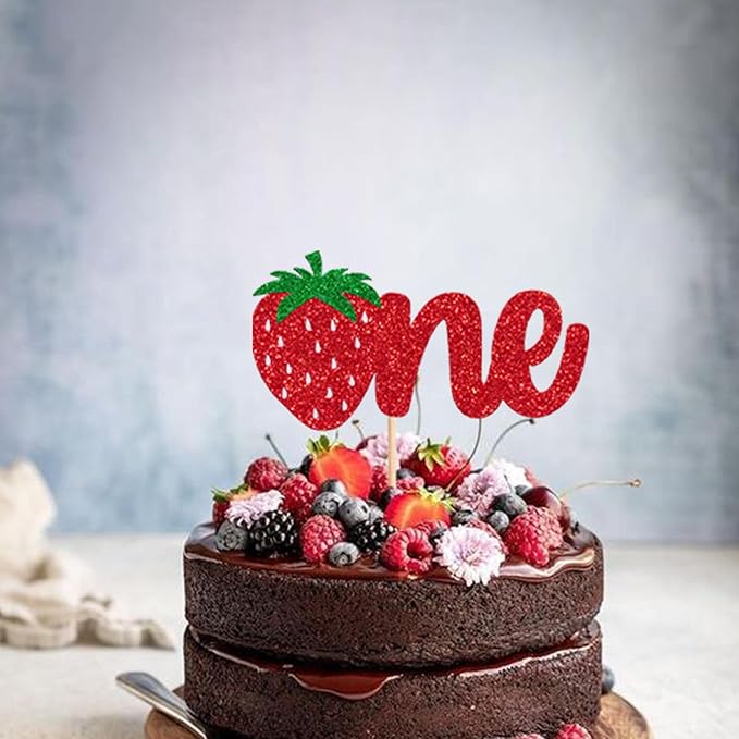 1 Pack Strawberry One Cake Topper Red Glitter Strawberry 1st Birthday Cake Pick for Fruit Theme Baby Shower Kids Birthday Party Strawberry Party Cake Decorations Supplies