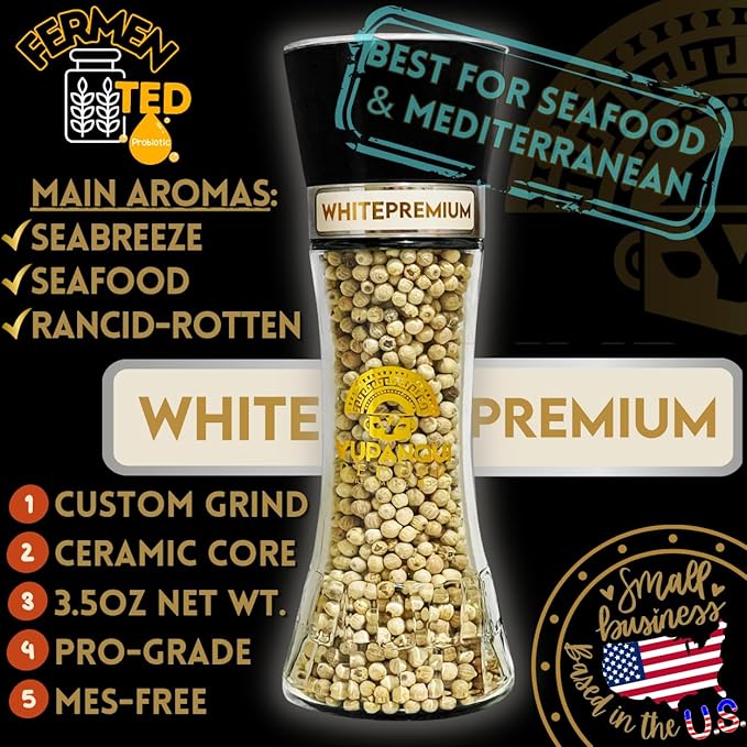 White Pepper Grinder with Fermented white peppercorns Whole Organic Peppercorns YUPANQUI - Gourmet Peppercorn Grinder with Seabreeze hints for MEDITERRANEAN CUISINE, Refillable Pepper Mill 3.5oz
