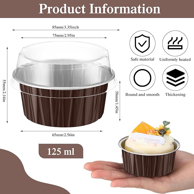 Gejoy 400 Pcs Aluminum Foil Baking Cups with Lids 5 oz Disposable Ramekins Mini Cake Pans Creme Brulee Cupcake Liners Muffin Tins Flan Mold Dessert Container for Wedding(Brown,Classic)