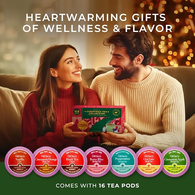 Gya Tea Co Christmas Collection Tea Gift Set (16 ct) - Assorted Tea Pod Variety Pack with 7 Warm Flavors with Vanilla Chai, Peppermint, Berry Bliss, black, Cinnamon apple & Orange