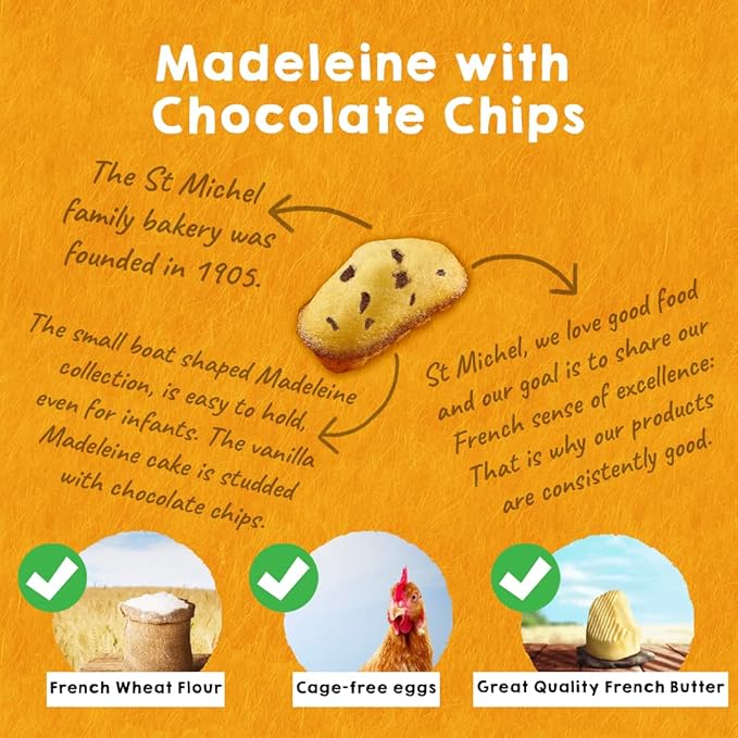 St Michel Chocolate Chip Madeleines French Sponge Cakes Made In France, Pack of 2 (250g each) Non-GMO. Total of 20 Individually wrapped All Butter Traditional Madeleines Sponge Cakes