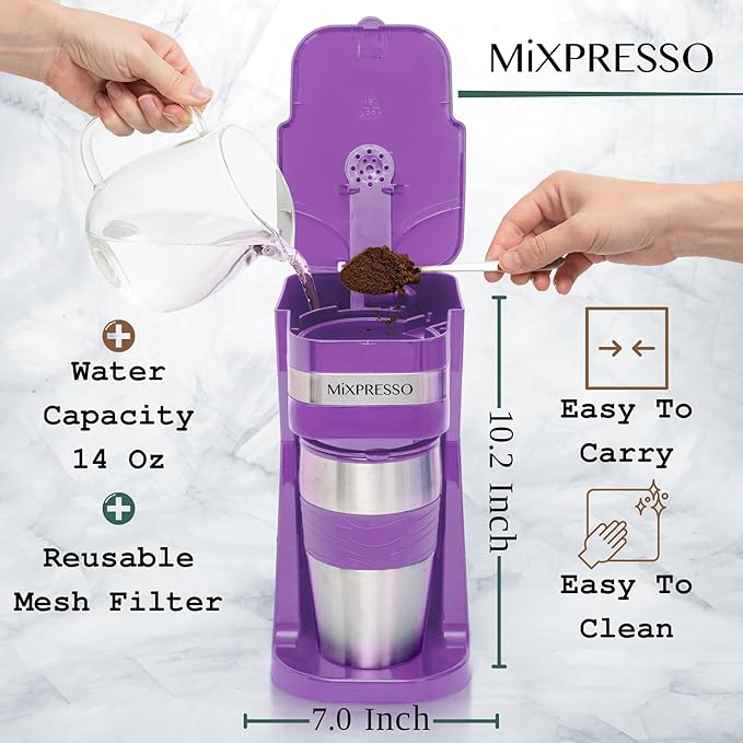 Mixpresso Purple Personal Single Serve Coffee Maker with 14oz Travel Mug, Drip Small Coffee Maker with Auto Shut Off, Reusable Filter, Works with Ground Coffee Only ??Not for K-Cup Pods