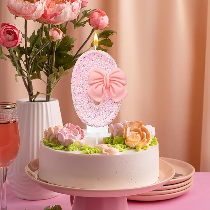 Birthday Cake Candles, Pink Glitter with Bow Cake Candles, Birthday Party Cake Toppers, Cute Birthday Candle Decorations (0)