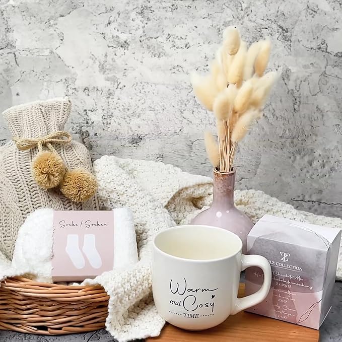 Women Gift Set -Hot Water Bottle, Hot Chocolate Mix, Mini Marshmallows, Mug, Socks, Crushed Candy |Mini Winter Hot Water Bottle With Cover|Cosy Gifts |Women Gifts |Hot Chocolate Gift Sets