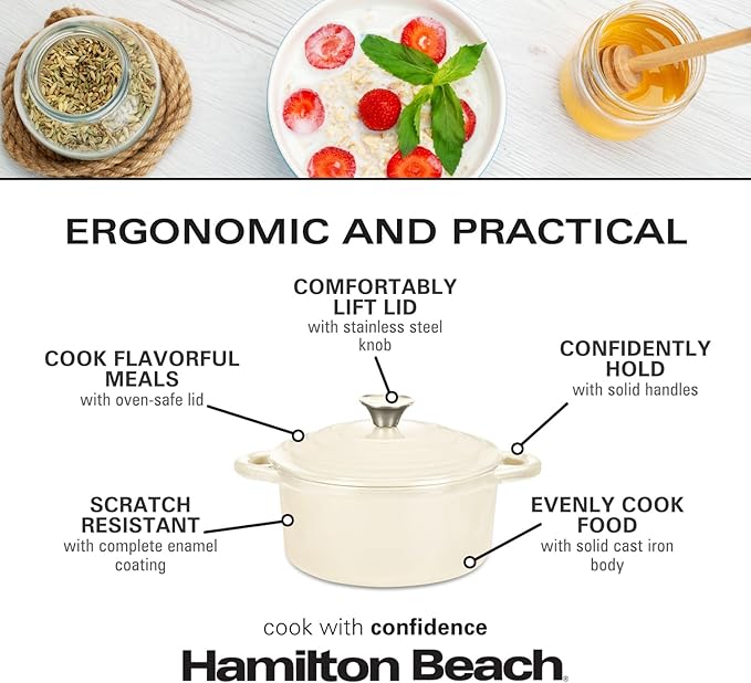Hamilton Beach 3-Quart Enameled Cast Iron Dutch Oven Pot with Lid, Cream