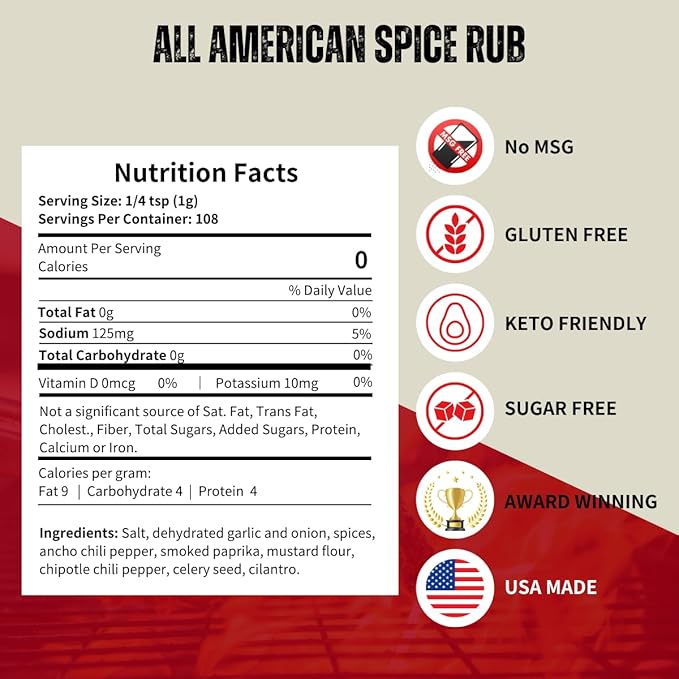 Pork Barrel BBQ All American Spice Rub, All Purpose BBQ Rub - Keto, No MSG, Zero Calorie, Gluten-Free and Sugar-Free, 3.8 oz