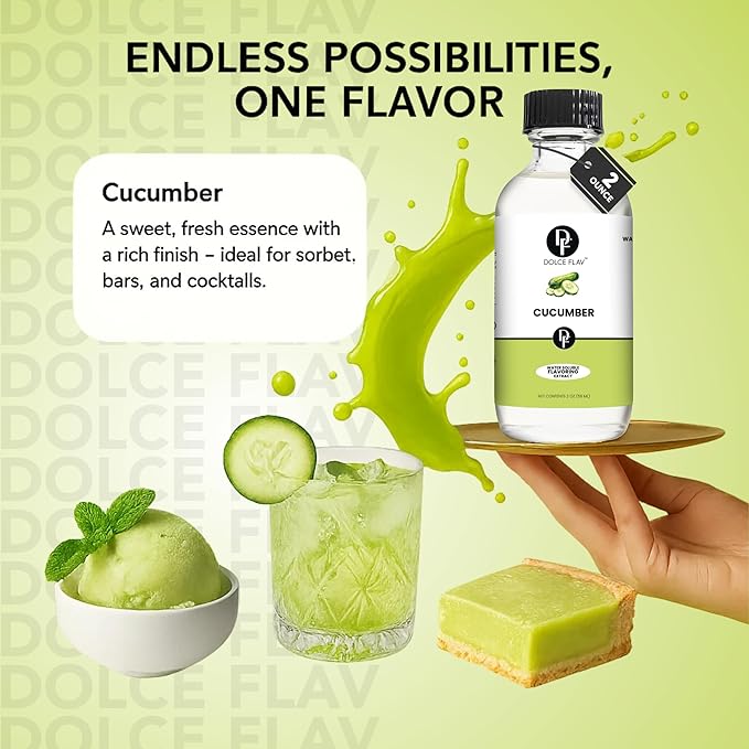 Dolce Flav Natural Cucumber Extract, Water Soluble ??2 oz | Authentic Cucumber Flavoring for Beverages, Cocktails, Syrups, and Culinary Creations ??Sugar Free, Kosher, Allergen Free