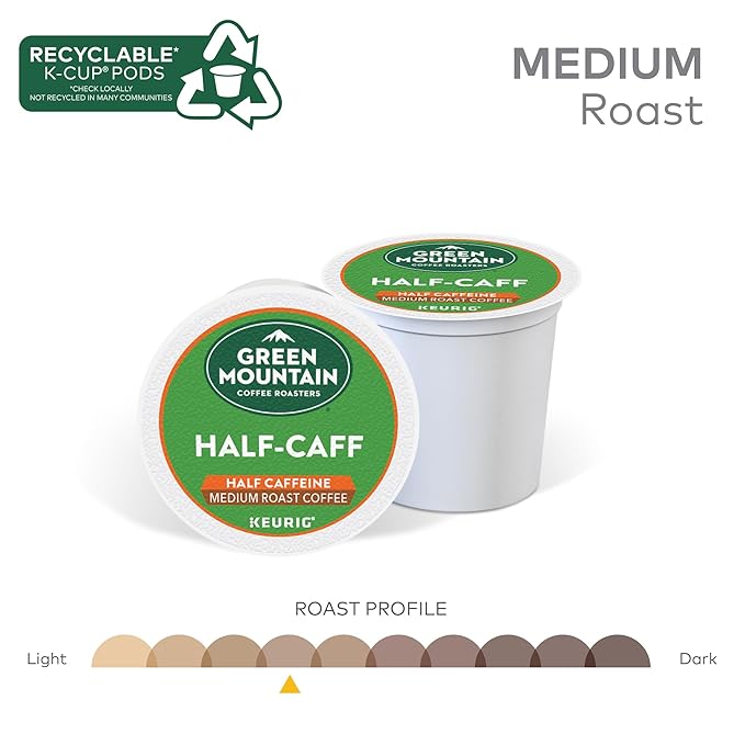 Green Mountain Coffee Roasters Half Caff, Single-Serve Keurig K-Cup Pods, Medium Roast Coffee Pods, 32 Count