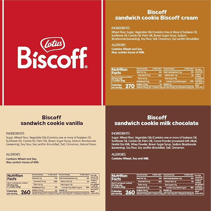 Lotus Biscoff Sandwich Cookies, Variety Pack, Biscoff Cream/Vanilla Cream/Milk Chocolate Cream, 15 Cookies per pack, 5.29 Ounces (Pack Of 6)