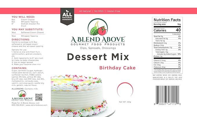 A Blend Above Birthday Cake Mix - No Bake Desserts, All Natural, Gluten Free, No MSG - Instant Dessert Mix, Fruit Dip, Bagel Topping, Frosting, Cheesecake Filling - Easy to Make - 4.2 Oz (Pack of 3)
