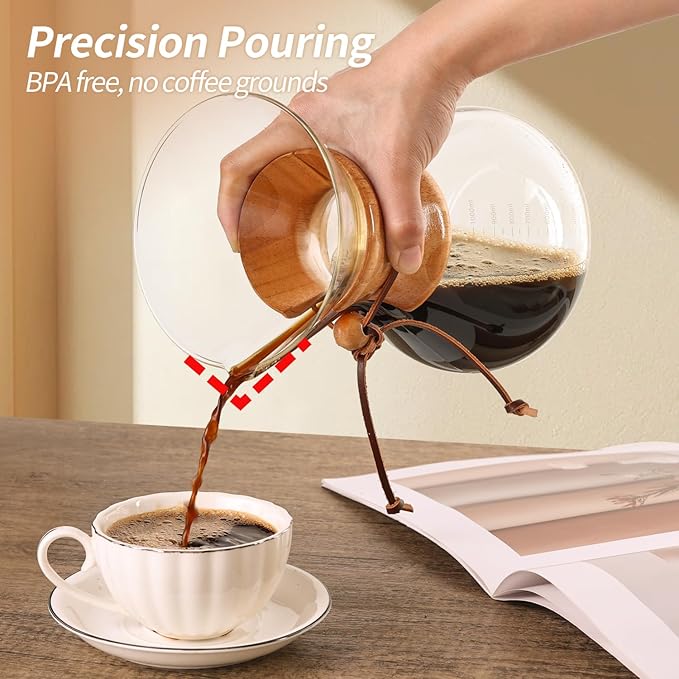 Pour Over Coffee Maker 34 OZ, 10 Cup Borosilicate Glass Drip Coffee Maker with Reusable Stainless Steel Filter and Cork Grip for Home Caf챕 1000 ML