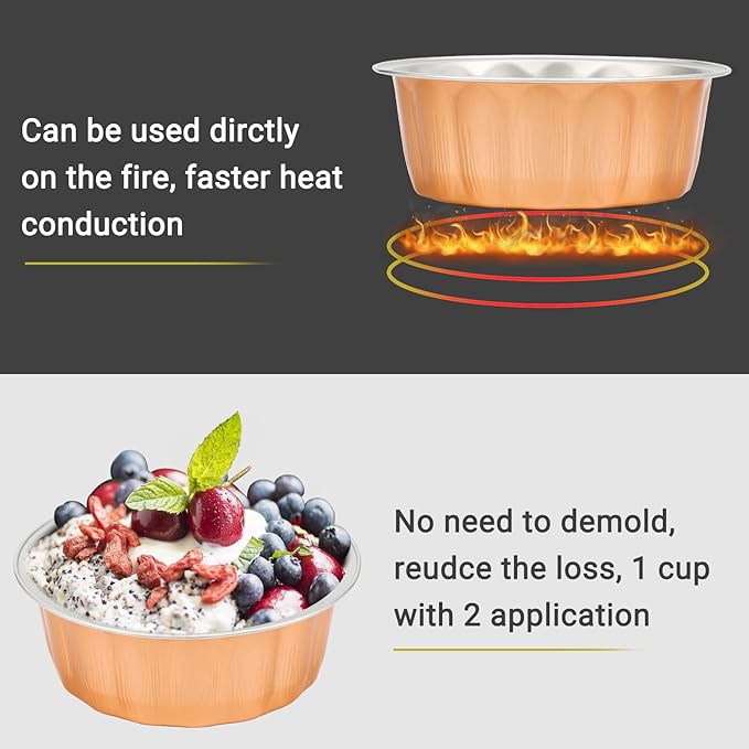 Beasea Disposable Ramekins 8oz, 50 Pack Rose Gold Aluminum Foil Cups with Lids, Disposable Creme Brulee Muffin Cupcake Baking Cup Mini Pudding Cups for Party Wedding Birthday