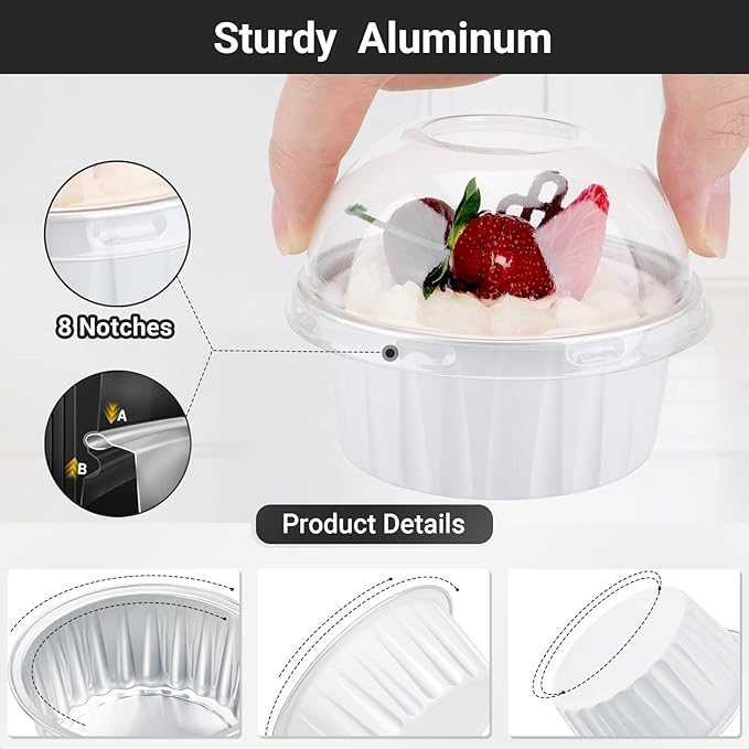 EUSOAR Disposable Ramekins with Sporks Individually Wrapped, 60pcs 5oz Mini Cake Pans with Lids and Plastic Sporks, Foil Creme Brulee Cupcake Ramekins Muffin Liners Baking Cups for Wedding Party Favor