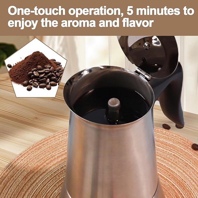 Stainless Steel Electric Moka Pot 6 Cup 300ml Express Coffee Maker Stovetop Espresso Portable Coffeemaker Italian Classic Brewing Greca Cafe Mocha with Removable Base and Overheating Protection 10oz